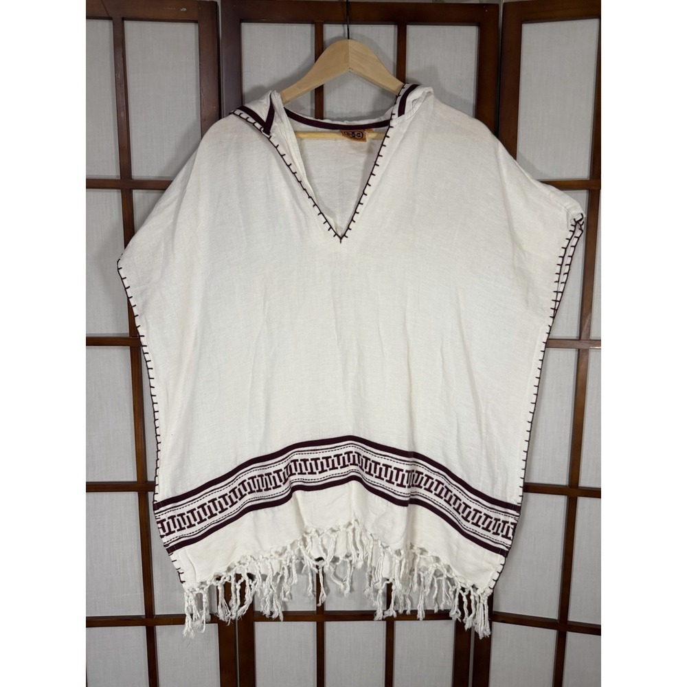 Tory Burch Woven Cotton Hooded Poncho Cover Up Ivory Burgundy Fringe Indie Beach - Picture 1 of 10